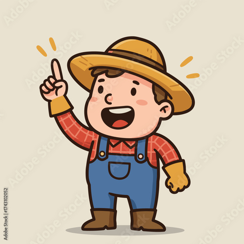 Smiling farmer in straw hat and plaid shirt points upward with glowing finger, on beige background.