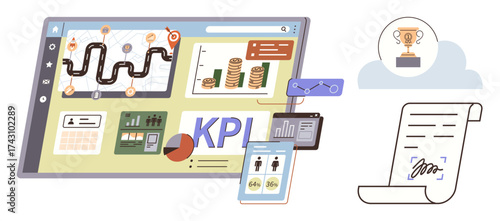 Business dashboard featuring KPI metrics, charts, growth trends, signed contract, and goal trophy. Ideal for analytics, strategy, goal setting, achievement business growth reporting simple flat