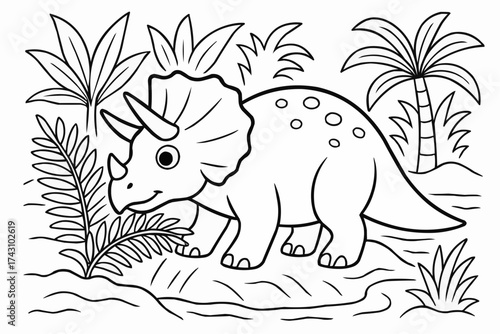 Coloring book for kids - Cartoon dinosaur coloring page featuring a Triceratops in nature  