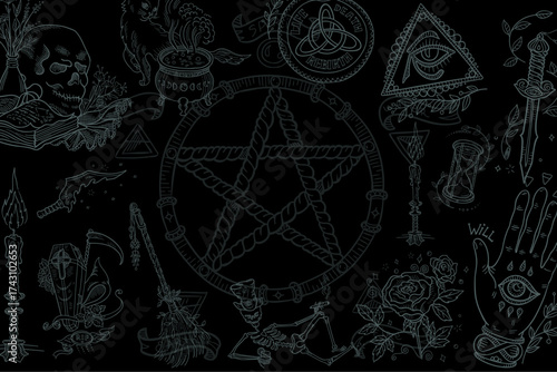 Dark occult symbols and illustrations featuring a pentagram background surrounded by mystical elements