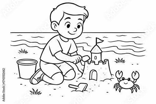 Coloring book for kids - Young boy building sandcastle with bucket and crab by the beach  