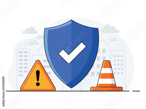 A blue shield with a white checkmark, a yellow warning sign, and an orange traffic cone in front of a city skyline.