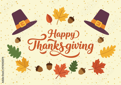 Happy Thanksgiving decorative illustration with pilgrim hats, autumn leaves, and acorns on a speckled yellow background.