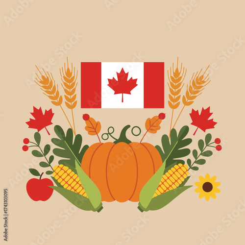 Canadian Thanksgiving illustration with flag, pumpkin, corn, wheat, apple, and leaves.