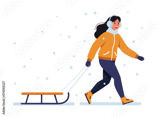 Woman pulling a sled in the snow, wearing winter clothes.