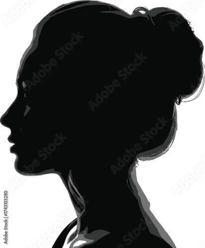 Silhouette portrait of young woman side profile, elegant hairstyle bun, minimalistic black and white art, feminine beauty, fashion concept