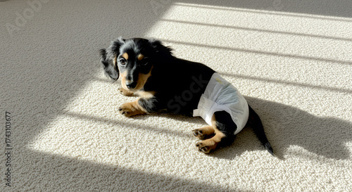 Dachshund puppy in diaper lying on light carpet at home, small breed dog
