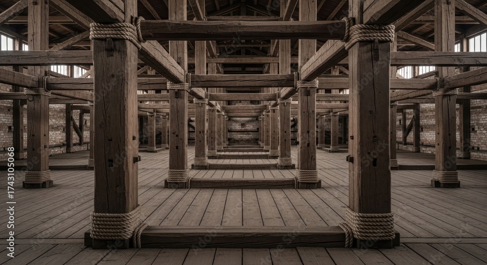 Fototapeta premium Massive wooden interior, symmetrical beams