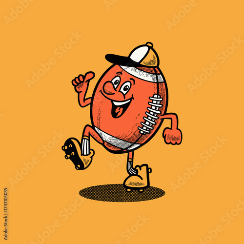 American football sport ball character in retro cartoon. Mascot, groovy, vector, icon, colection, sticker, vintage, illustration, set, funny, logo, comic, vintage, t-shirt, editable