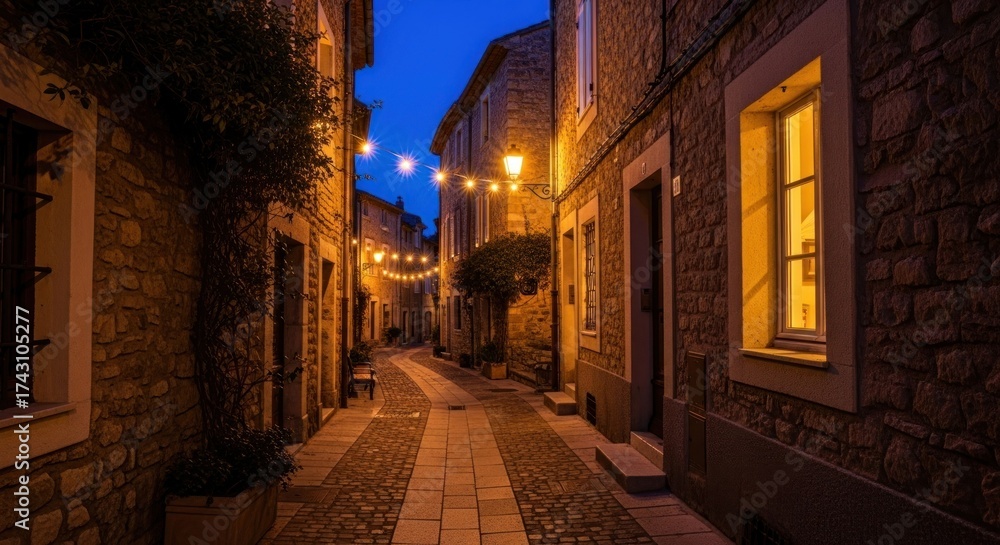Naklejka premium Narrow, stone-walled alleyway at dusk, lit by string lights and lampposts