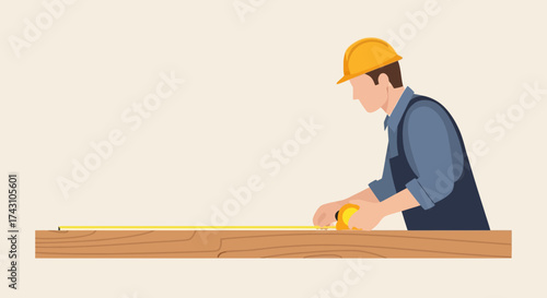 Carpenter Measuring Wood with Tape Measure for Construction Project.