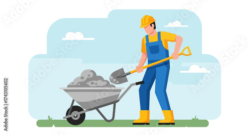 Construction Worker Loading Wheelbarrow with Cement Using Shovel.