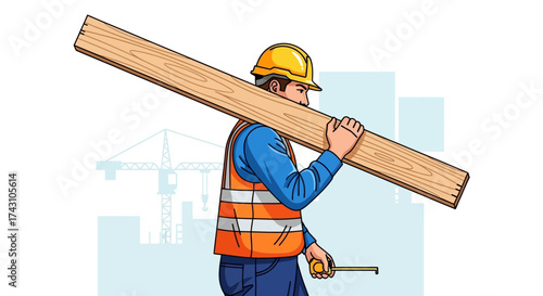Construction Worker Carrying Lumber with Safety Gear.