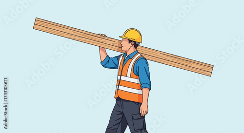 Construction Worker Carrying Lumber on Shoulder with Safety Gear.