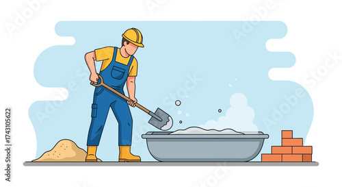Construction Worker Mixing Cement with Shovel for Bricklaying.