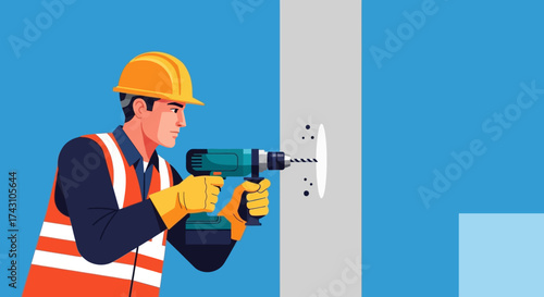 Construction Worker Installing Electrical Outlet with Drill.