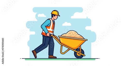 Construction Worker Pushing Wheelbarrow Full of Sand.