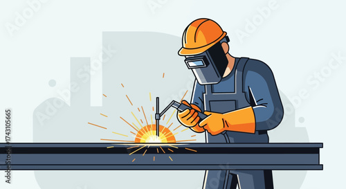 Welder at work with protective gear and sparks.