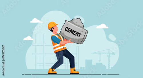 Construction Worker Carrying Heavy Cement Bag at Construction Site.