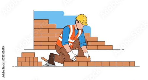 Bricklayer Constructing a Wall with Bricks and Mortar.