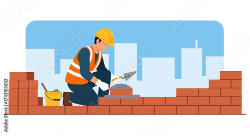 Bricklayer Constructing a Brick Wall with Trowel and Mortar.
