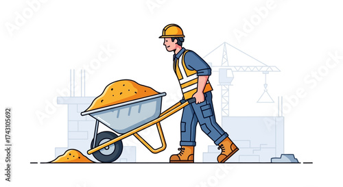 Construction Worker Pushing Wheelbarrow Full of Sand on Construction Site.