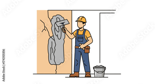 Construction Worker Repairing Wall Cracks with Trowel and Mortar.