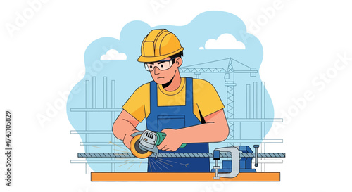 Construction Worker Grinding Metal with Safety Gear in Industrial Setting.