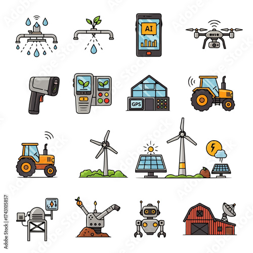 A comprehensive set of colorful icons illustrating smart farming concepts, agricultural technology, and automation in modern agribusiness