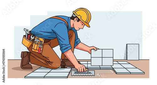 Tiler Laying Tiles on Floor with Trowel and Protective Gear.