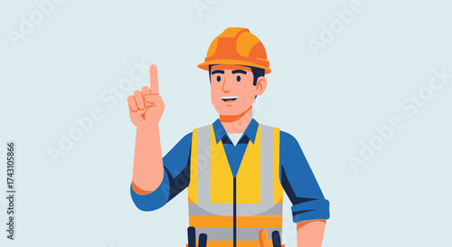 Construction Worker Pointing Upward with Safety Gear and Hard Hat.