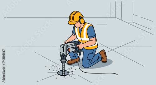 Construction Worker Using Jackhammer on Concrete Surface.