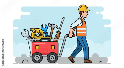 Construction Worker Pulling a Cart Full of Tools.