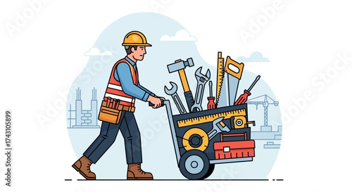 Construction Worker Pushing a Cart Full of Tools.