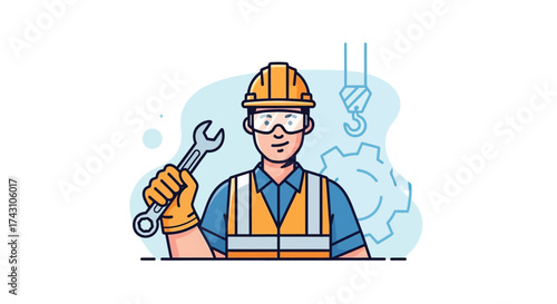 Illustration of a Construction Worker Holding a Wrench.