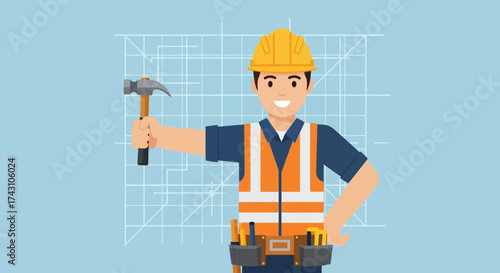 Cartoon Construction Worker Holding Hammer in Front of Blueprint.