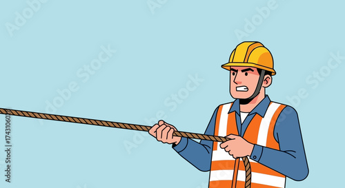 Construction Worker Pulling Rope with Determination and Focus.