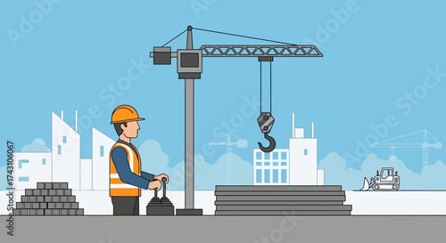 Construction Worker Operating Crane at Building Site.