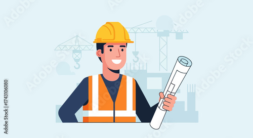 Construction Worker Holding Blueprint Wearing Hard Hat and Safety Vest.
