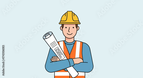 Construction Worker Holding Blueprints with Confidence.