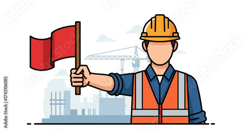Construction Worker Directing Traffic with Red Flag Illustration.