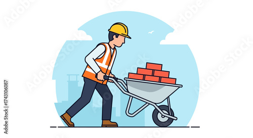 Construction Worker Pushing Wheelbarrow Full of Bricks on Construction Site.