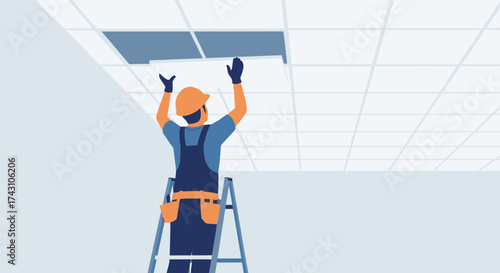 Ceiling Tile Installation by Construction Worker on Ladder.