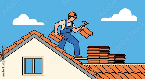 Roofer Installing Tiles on Roof of House with Hammer.