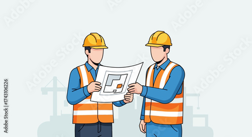 Construction Workers Reviewing Blueprint on Site.