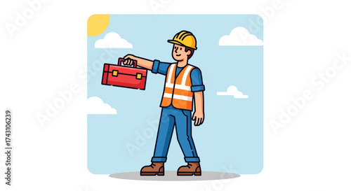 Construction worker holding toolbox in front of blue sky.
