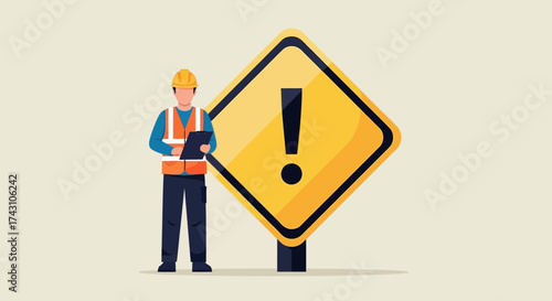 Construction Worker and Warning Sign Illustration.