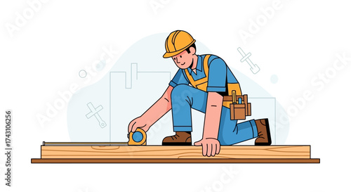 Carpenter Measuring Wood with Precision and Focus.