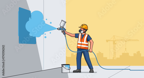 Construction Worker Spray Painting Wall with Blue Paint.