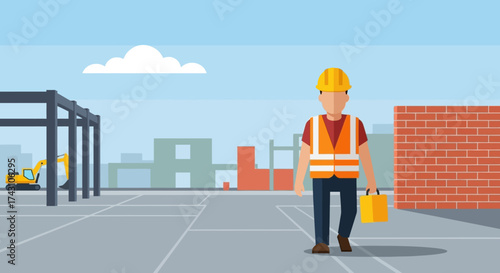 Construction Worker in Safety Vest and Hard Hat on Site.